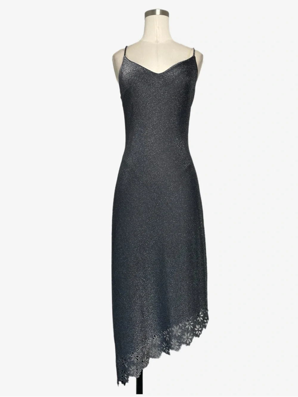 Vintage Y2K Rampage Silver metallic floral laser cut asymmetric slip dress S/M